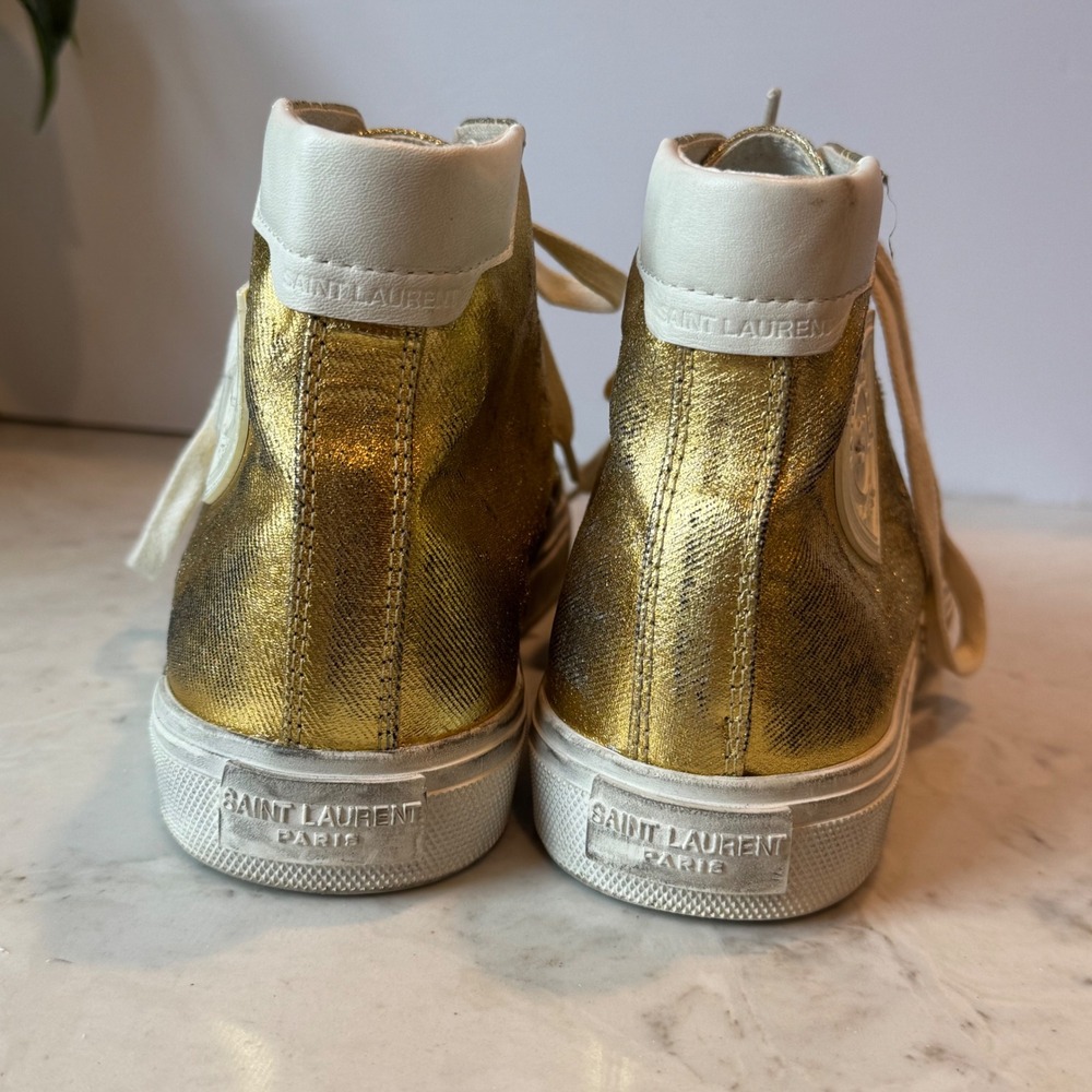 Distressed Calfskin Bedford Logo-Appliqued Hightop Sneakers 6.5 Gold Cream White - Picture 6 of 14